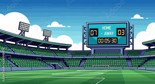 Vibrant Outdoor Sports Stadium with a Digital Scoreboard Displaying Game Score in Daytime.