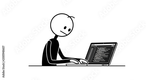 Focused Stick Figure Person Working Diligently on a Laptop with Code on an Isolated White Background.