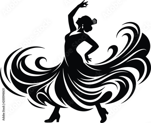 Elegant Spanish Flamenco Dancer Silhouette Vector Illustration with Flowing Ruffled Dress for Latin Dance Performances, Cultural Festival Posters, and Traditional Gypsy Art Designs