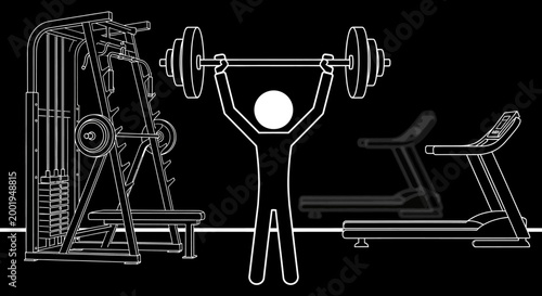 Stick Figure Person Lifting Heavy Barbell Weights, Outline Illustration in a Dark Gym Background.