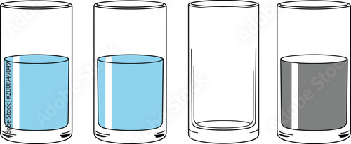 Glass Water Level Set Showing Full Half Empty and Dirty Liquid States in Transparent Cups for Hydration Concept and Comparison Design