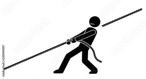 Stick figure intensely pulling a thick rope, demonstrating immense effort and struggle, on an isolated white background.