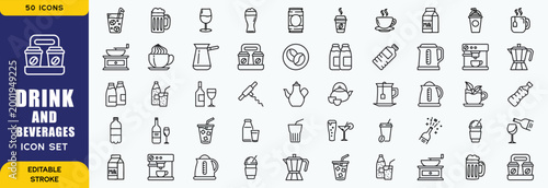 Drink and beverages Icon set. Contain icons related to various foods and drinks. Editable stroke. Vector illustration
