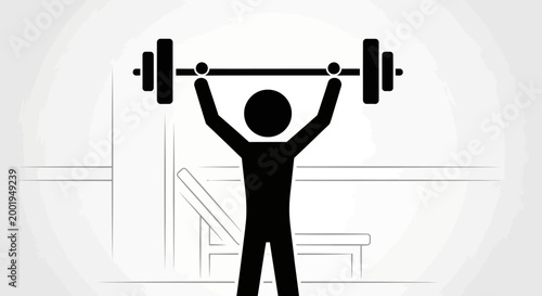 Stick figure weightlifting and proudly raising a heavy barbell overhead in a bright studio, demonstrating strength and fitness.