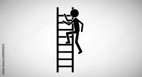 Stick figure actively climbing a tall ladder, demonstrating ambition and upward progression, in a bright studio background.
