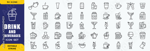 Set of 50 outline icons related to food and drink. Linear icon collection. Editable stroke. Vector illustration
