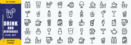 Set of 50 outline icons related to food and drink. Linear icon collection. Editable stroke. Vector illustration