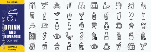Set of 50 outline icons related to food and drink. Linear icon collection. Editable stroke. Vector illustration