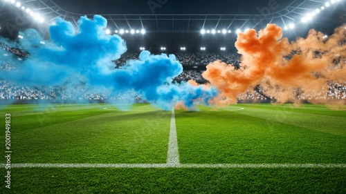 Soccer field with colorful smoke flares.