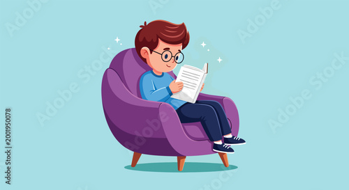 Boy Reading Book Sitting in Comfortable Armchair.