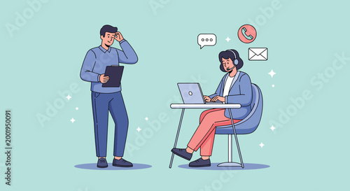 Business professional working at desk with assistant standing by.