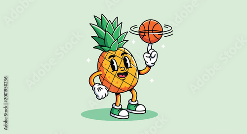 Cartoon pineapple character spinning a basketball on its finger.