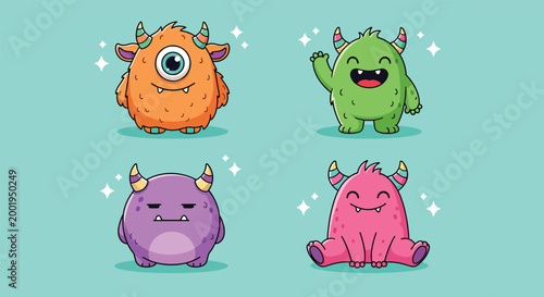 Collection of four cute and colorful cartoon monsters with horns and unique expressions on a blue background.