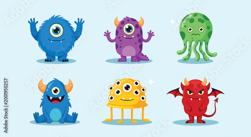 Collection of cute and colorful cartoon monster characters set on a light blue background.