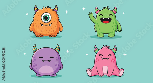Collection of four cute colorful cartoon monster characters with various expressions and poses on a blue background.