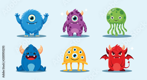 Collection of Six Cute and Colorful Cartoon Monsters.