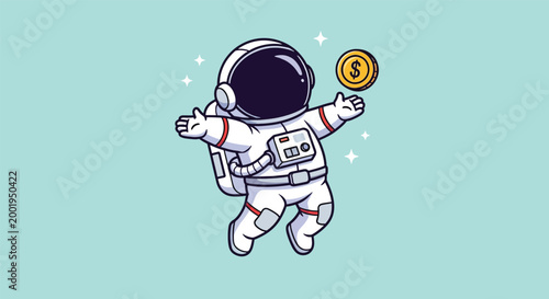 Cute Cartoon Astronaut Floating with Gold Dollar Coin Illustration.
