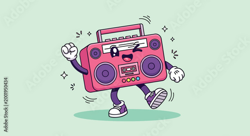 Cute cartoon boombox character dancing and winking on green background.