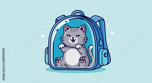 Cute cartoon cat inside a transparent travel backpack.