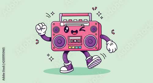 Cute cartoon boombox character dancing with music.