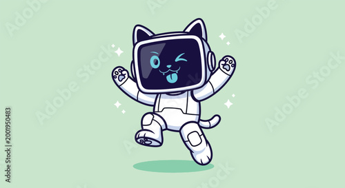 Cute Cartoon Cat Robot Character Dancing in Astronaut Suit Illustration.