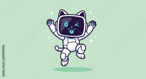 Cute Cartoon Cat Robot Jumping With Joy.