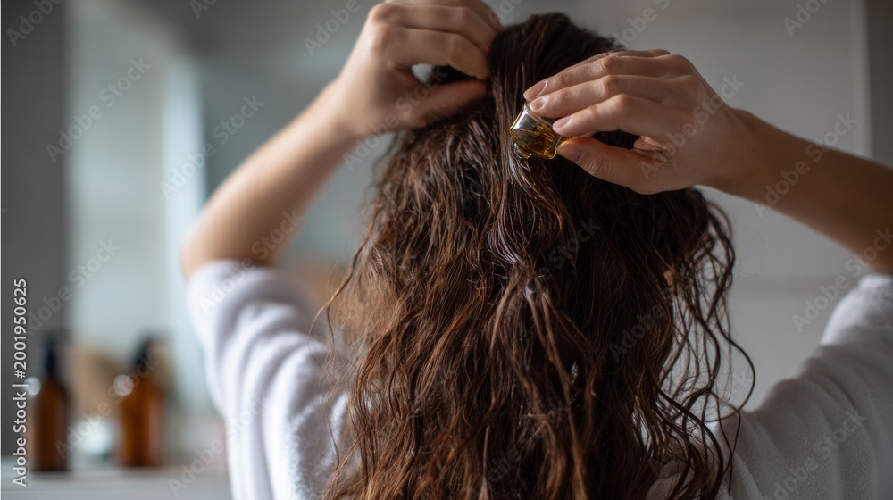 Fototapeta premium Woman gently applies oil to her wavy brown hair