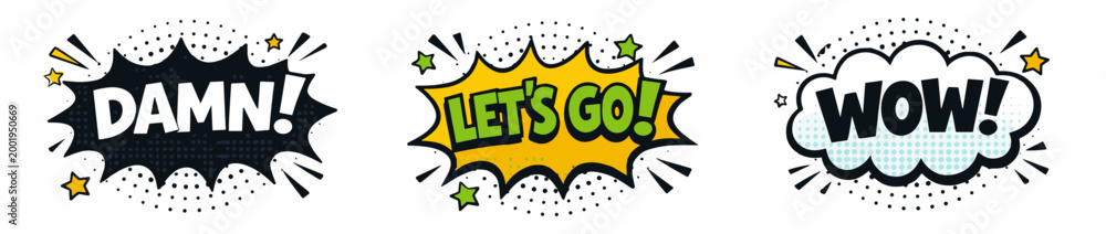 Fototapeta premium Comic pop art speech bubble sticker set with DAMN, LET'S GO, and WOW exclamations in dark, yellow-green, and white-teal burst shapes on white background.