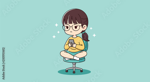 Cute cartoon girl sitting on office chair using smartphone.
