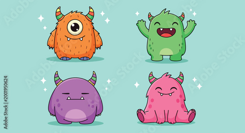Cute Cartoon Monster Characters Set.