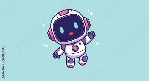 Cute cartoon robot astronaut waving in space illustration.