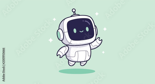 Cute cartoon robot character waving hello.