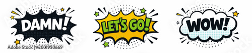 Comic pop art speech bubble sticker set with DAMN, LET'S GO, and WOW exclamations in dark, yellow-green, and white-teal burst shapes on white background.