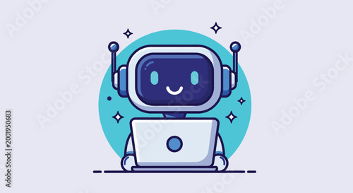 Cute Cartoon Robot Working on a Laptop Computer vector illustration.