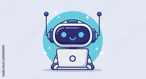 Cute cartoon robot working on a laptop computer.