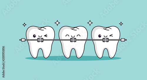 Cute Cartoon Teeth with Braces Smiling Vector Illustration.