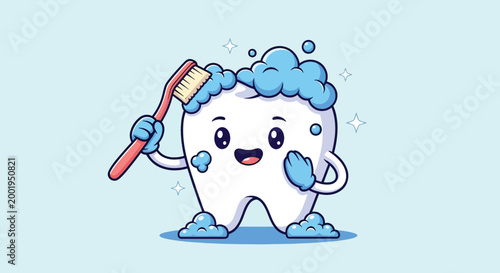 Cute cartoon tooth character brushing itself with a toothbrush and blue foam for dental hygiene.