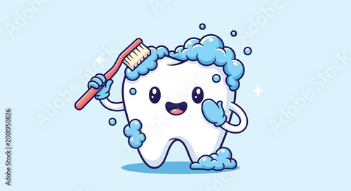 Cute Cartoon Tooth Character Brushing With Soap Foam.