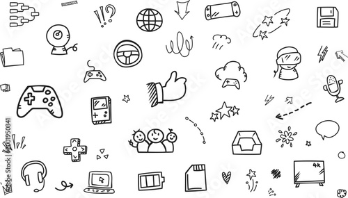 Minimalist Small Gaming Icons Doodle Background Pattern