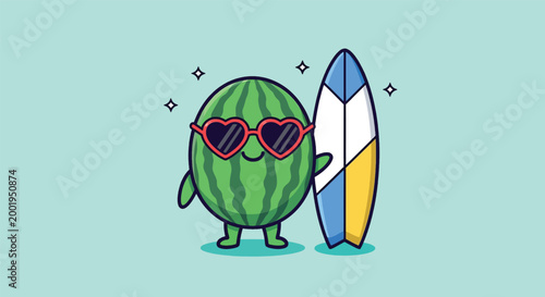 Cute cartoon watermelon character standing with a surfboard.