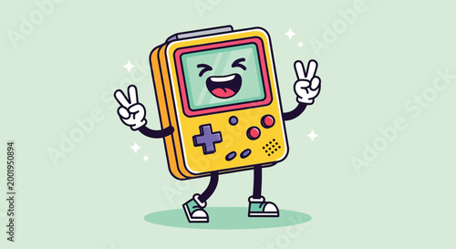 Cute Cartoon Video Game Console Character Giving Peace Sign.