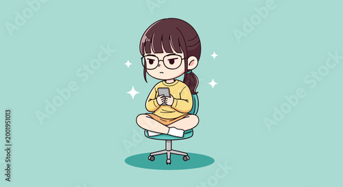 Cute chibi girl with glasses sitting on an office chair using a smartphone.