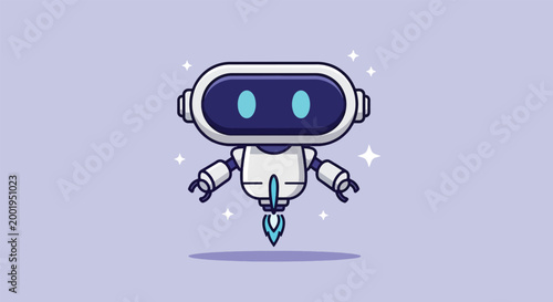 Cute Flying Robot Character Vector Illustration on Purple Background.