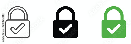 Lock check icon, security verification symbols, approved protection graphics, safety validation concept, vector illustration
