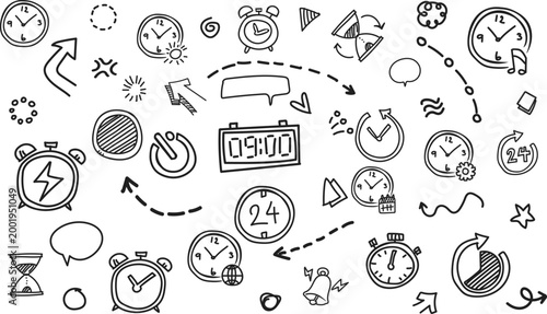 Horizontal Time Management and Clock Doodle Background
