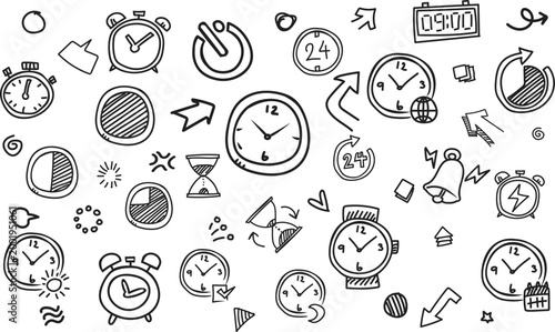 Horizontal Time Management and Clock Doodle Background