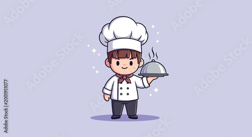 Cute Chibi Boy Chef Holding Hot Food Platter Cartoon Illustration.