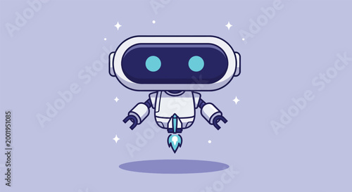 Cute Flying Robot Character Vector Illustration with Rocket Engine.