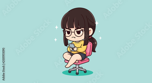 Cute Chibi Girl with Glasses Using Smartphone Sitting on Pink Chair Illustration.
