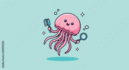 Cute Pink Jellyfish Character Holding a Toothbrush and Magnifying Glass Illustration.
